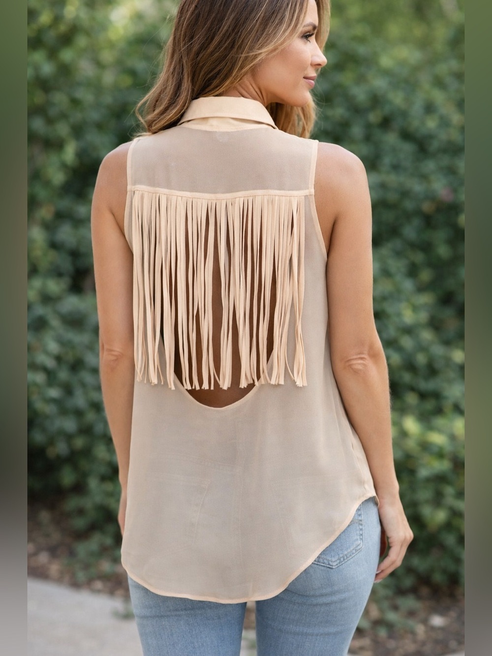 Love Tree Open Back Fringe Sleeveless Top Sz M Western Cowgirl Rodeo Sheer Butto